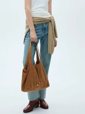 Mango Camel Suede Leather Tote Bag